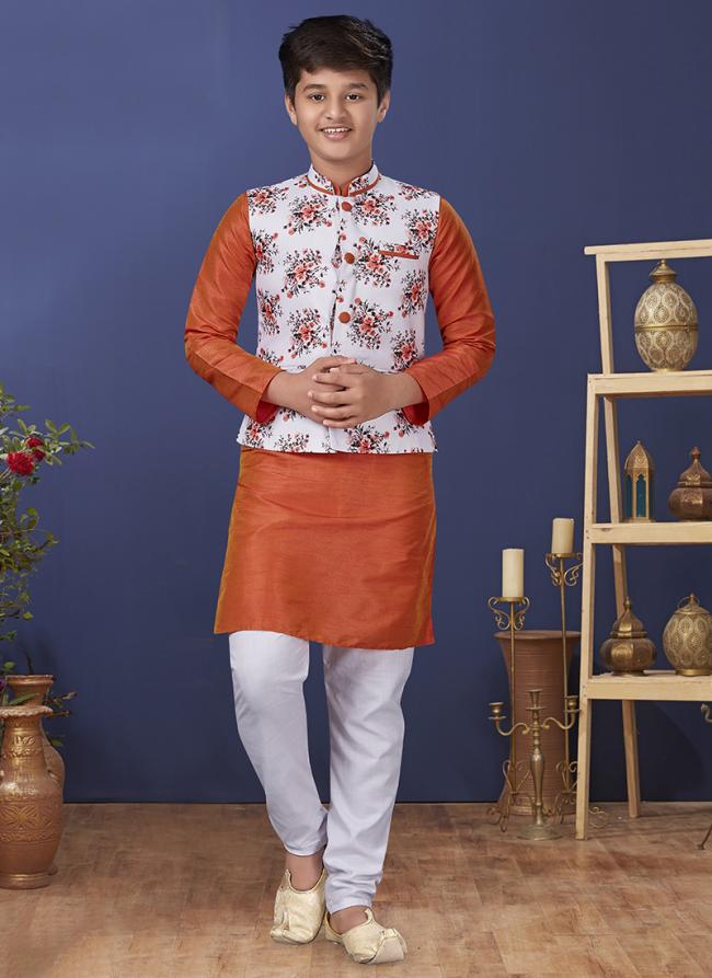 Dhupion Silk Orange Wedding Wear Digital Printed Readymade Kids Indo Western