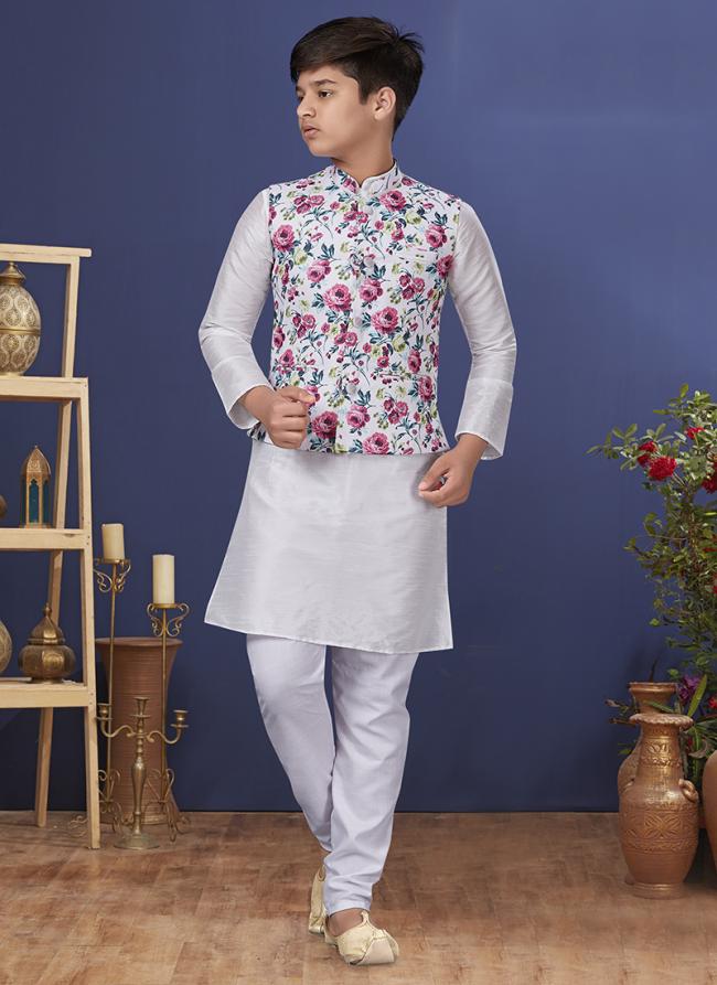 Dhupion Silk White Wedding Wear Digital Printed Readymade Kids Indo Western