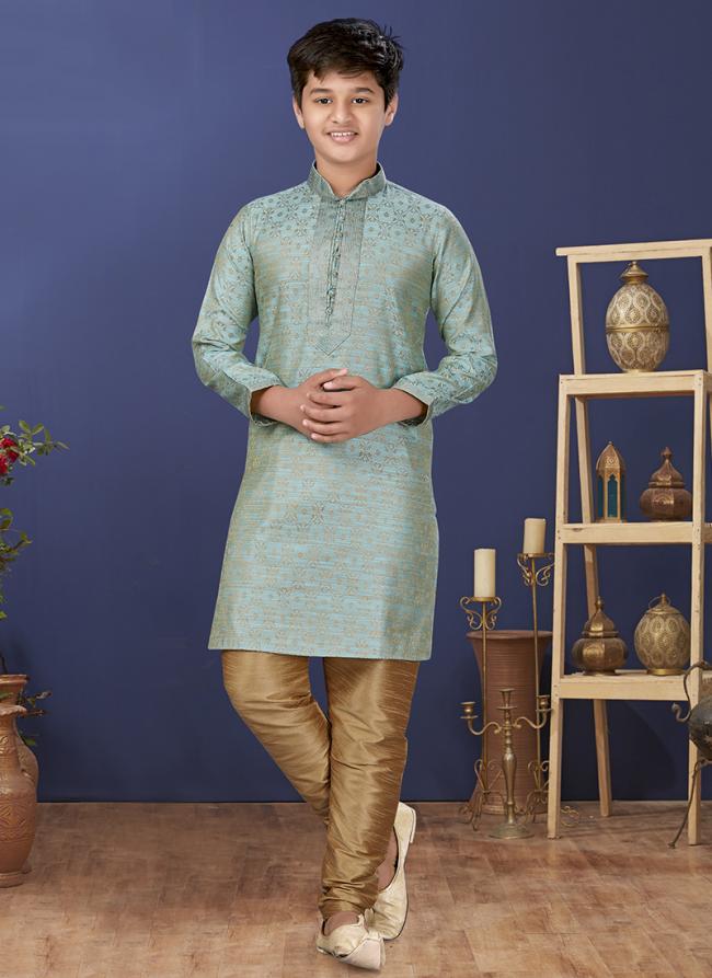 Jacquard Silk Sky Blue Wedding Wear Weaving Readymade Kurta Pajama