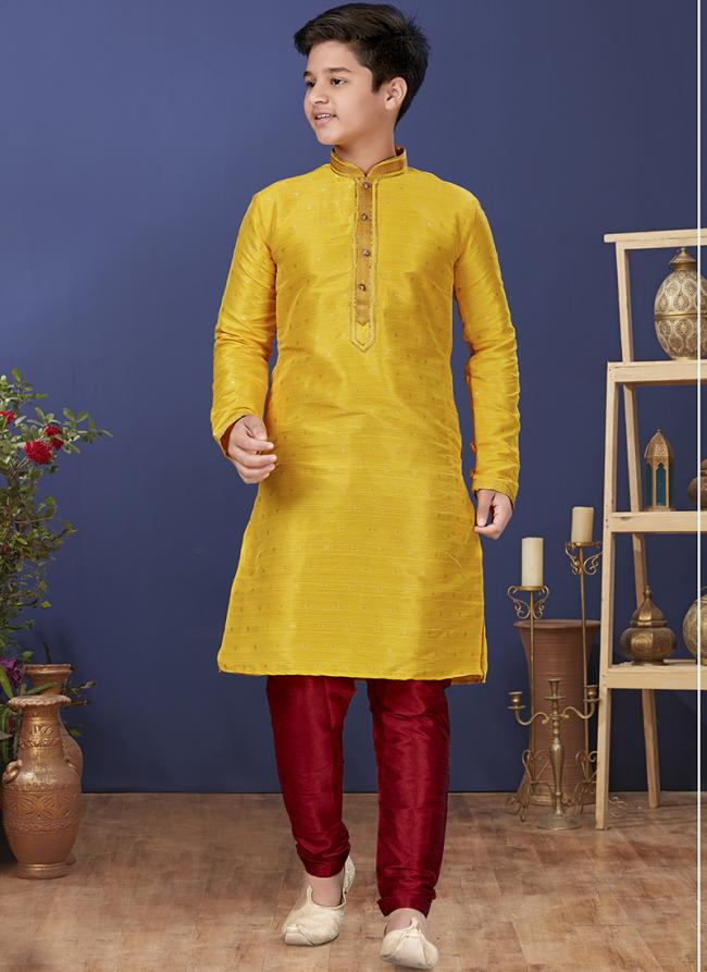 Jacquard Silk Yellow Wedding Wear Weaving Readymade Kurta Pajama