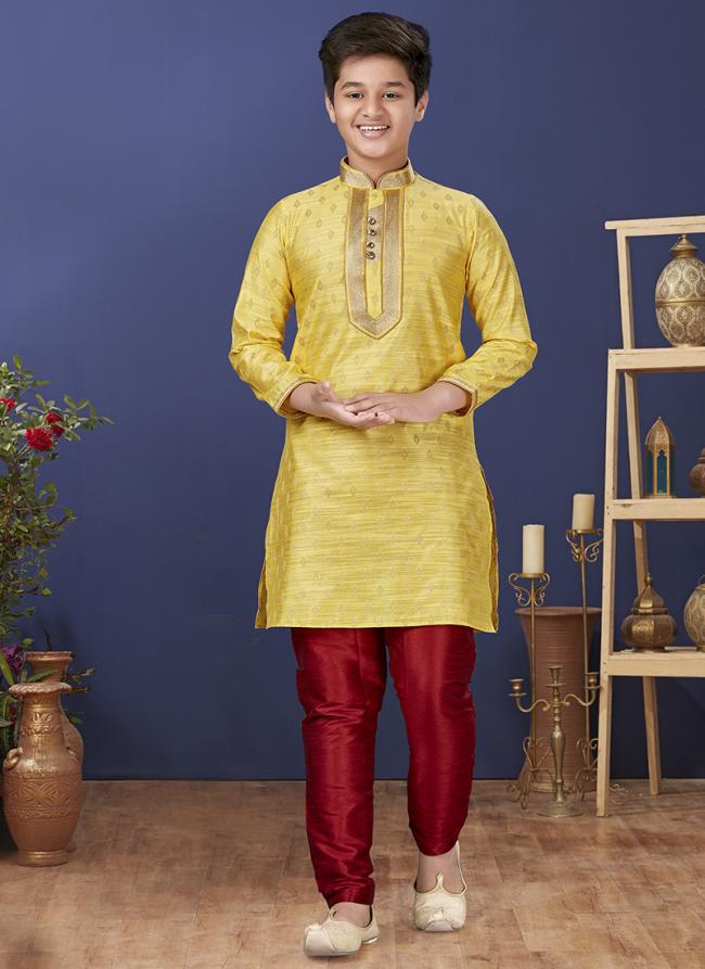 Jacquard Silk Yellow Wedding Wear Weaving Readymade Kurta Pajama