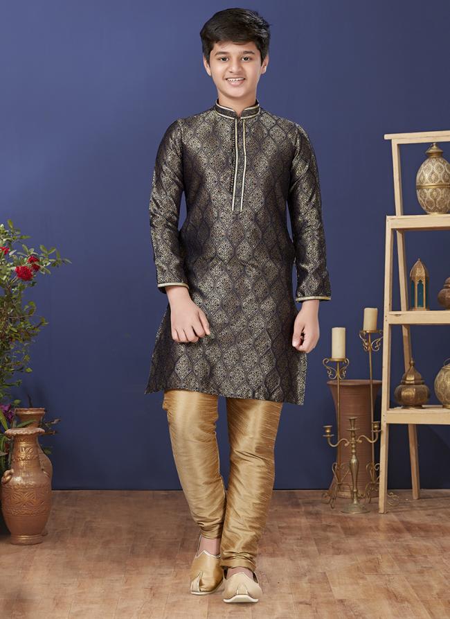 Jacquard Silk Black Grey Wedding Wear Weaving Readymade Kurta Pajama