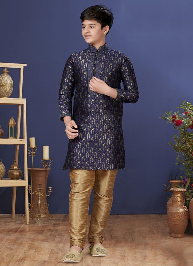 Jacquard Silk Navy Blue Wedding Wear Weaving Readymade Kurta Pajama