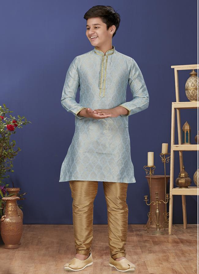 Jacquard Silk Sky Blue Wedding Wear Weaving Readymade Kurta Pajama