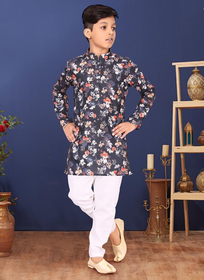 Cotton Black Wedding Wear Digital Printed Readymade Kurta Pajama