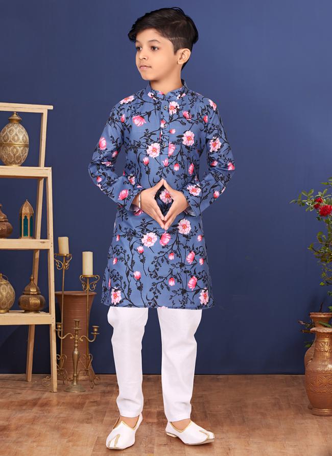 Cotton Blue Wedding Wear Digital Printed Readymade Kurta Pajama