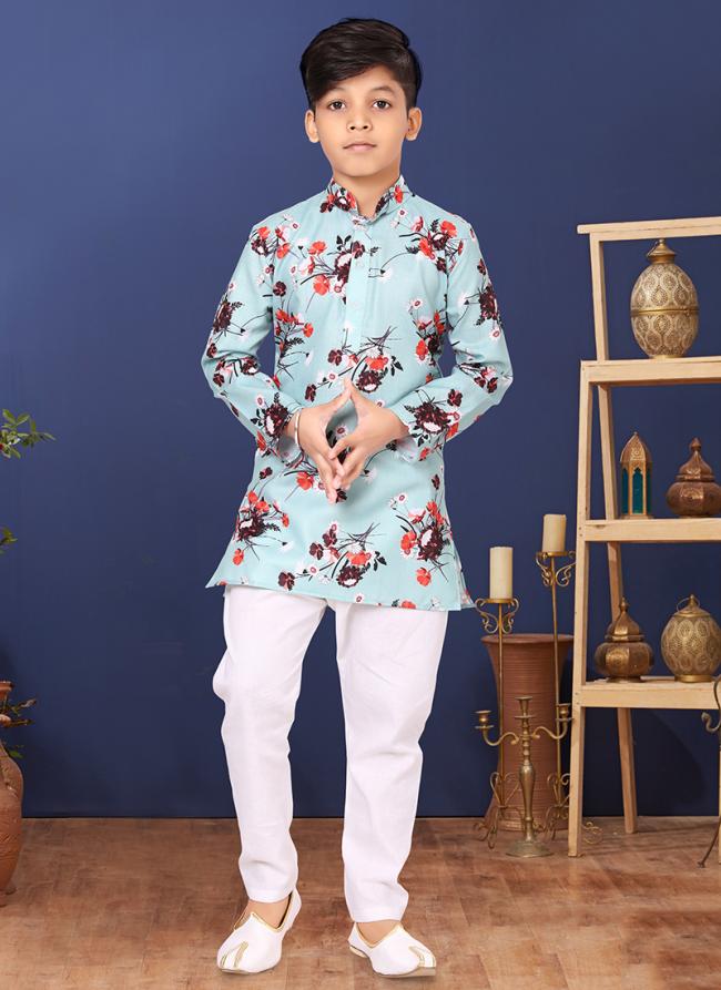 Cotton Sky Blue Wedding Wear Digital Printed Readymade Kurta Pajama