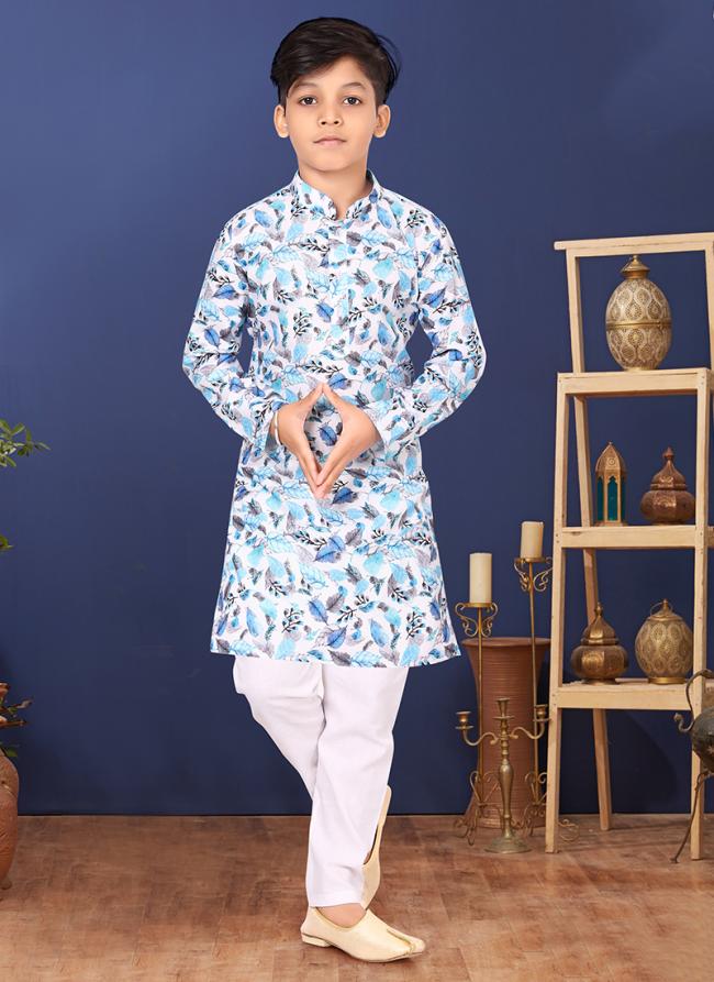 Cotton Sky Blue Wedding Wear Digital Printed Readymade Kurta Pajama