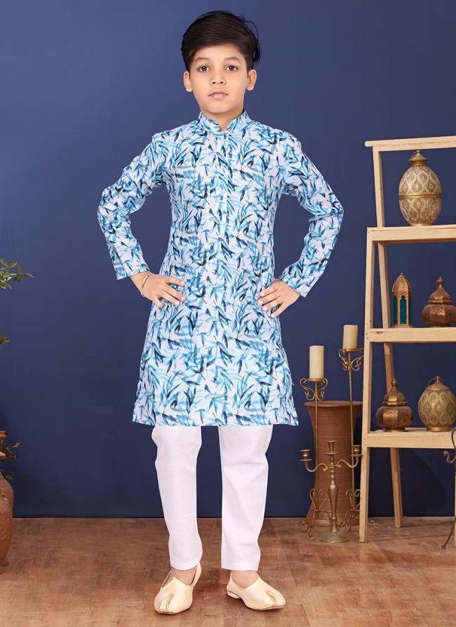 Cotton Sky Blue Wedding Wear Digital Printed Readymade Kurta Pajama