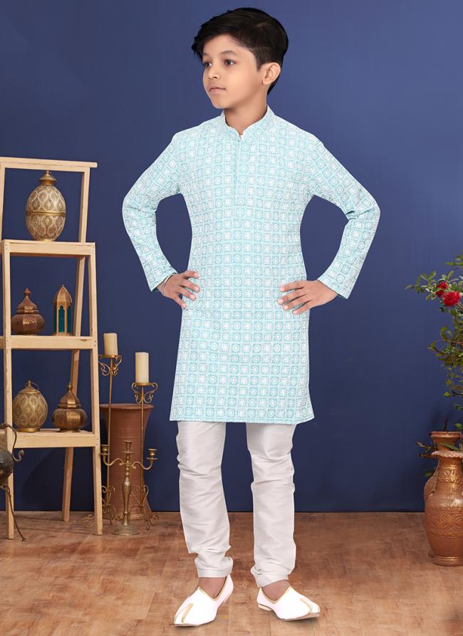 Georgette Sky Blue Wedding Wear Weaving Readymade Kurta Pajama