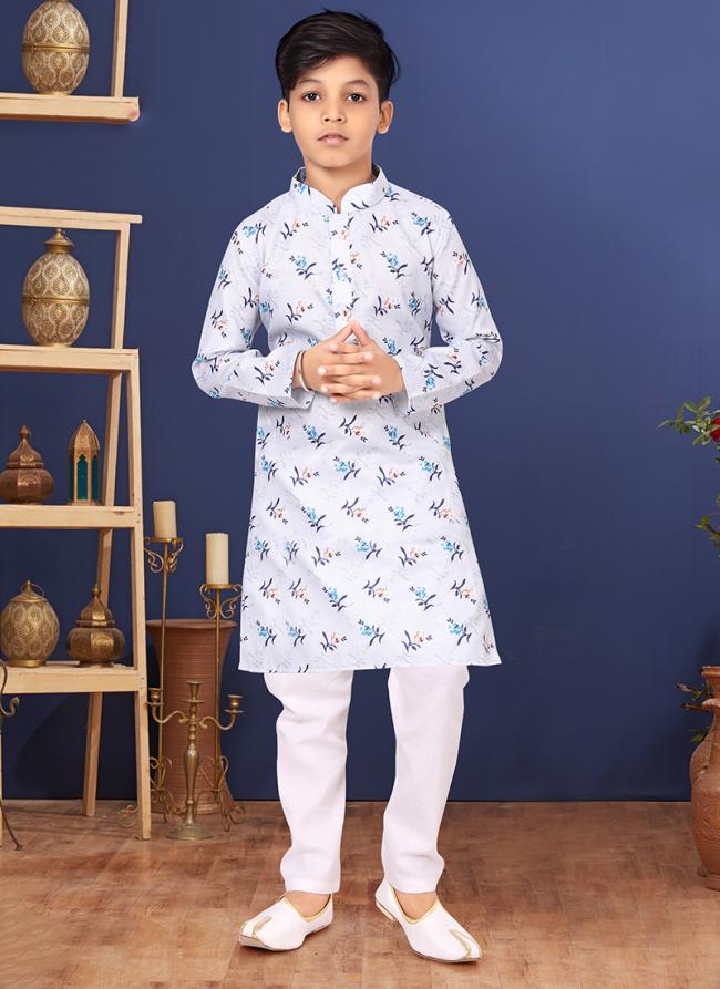 Cotton White Wedding Wear Digital Printed Readymade Kurta Pajama