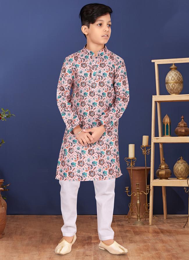 Cotton Light Pink Wedding Wear Digital Printed Readymade Kurta Pajama