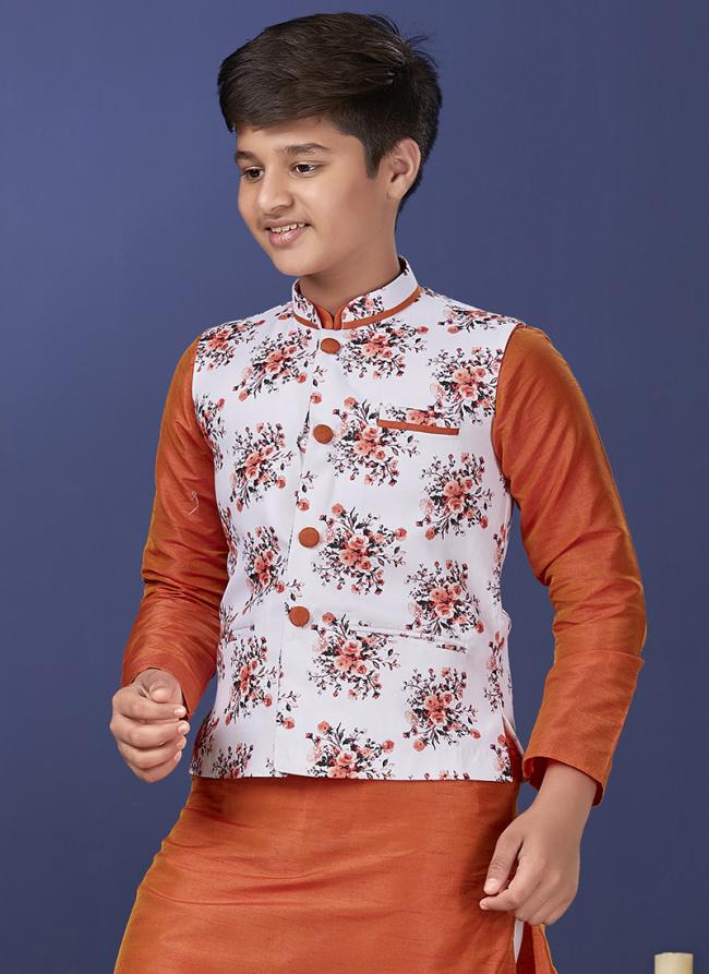 Cotton Orange Wedding Wear Digital Printed Readymade Boys Waist Coat