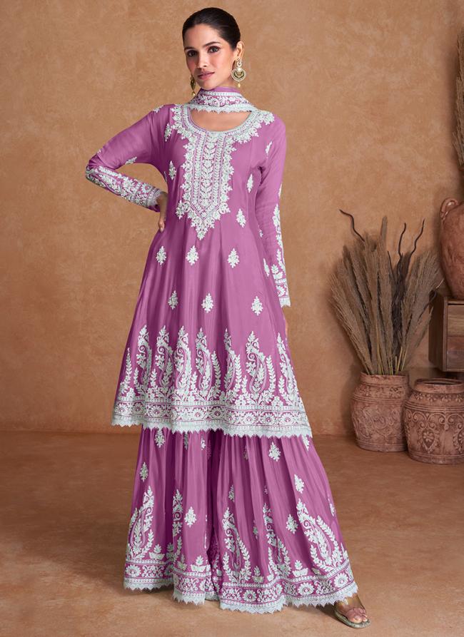 Real Silk Dark Pink Party Wear Embroidery Work Readymade Sharara Suit