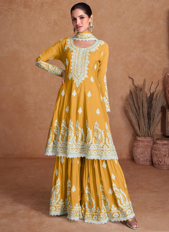 Real Silk Yellow Party Wear Embroidery Work Readymade Sharara Suit