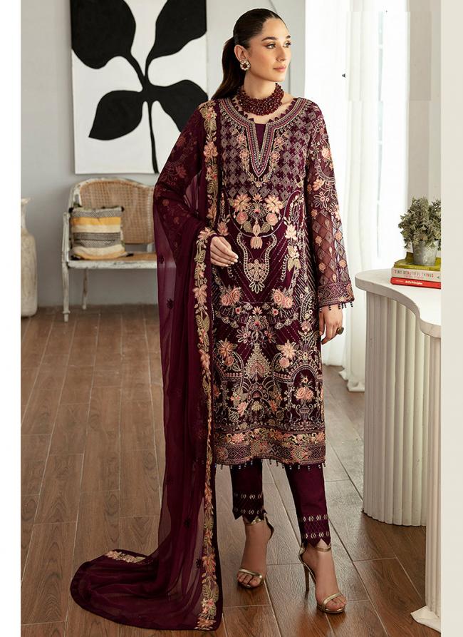 Heavy Faux Georgette Maroon Ramzan Wear Embroidery Work Pakistani Suit