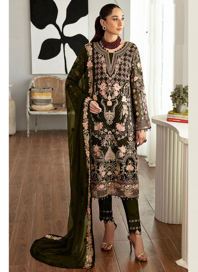 Heavy Faux Georgette Mehendi Green Ramzan Wear Embroidery Work Pakistani Suit