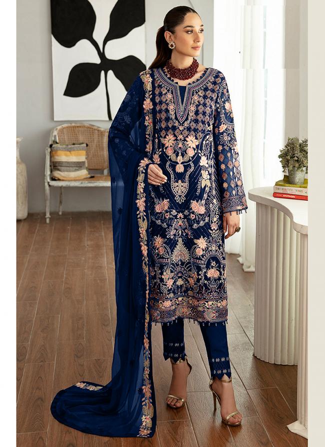 Heavy Faux Georgette Royal Blue Ramzan Wear Embroidery Work Pakistani Suit