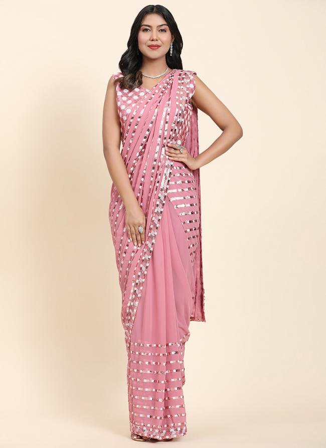 Pink Pure Viscose Georgette Party Wear Embroidery Work Ready To Wear Saree