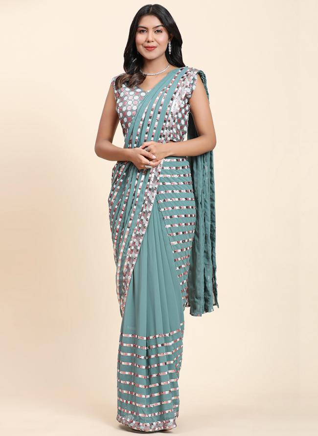 Sky Blue Pure Viscose Georgette Party Wear Embroidery Work Ready To Wear Saree