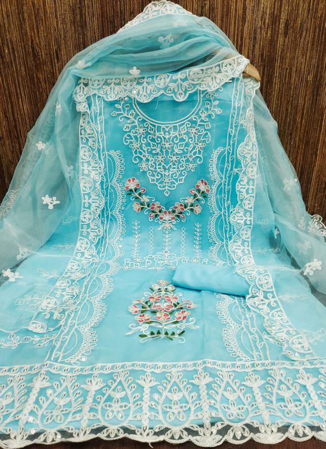 Sky Blue Organza Silk Party Wear Embroidery Work Dress Material