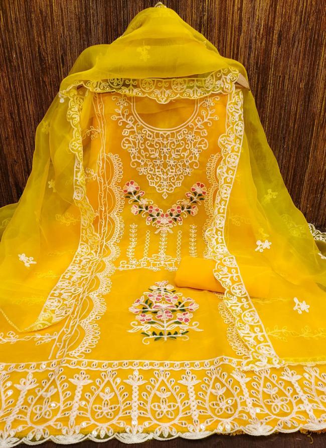 Yellow Organza Silk Party Wear Embroidery Work Dress Material