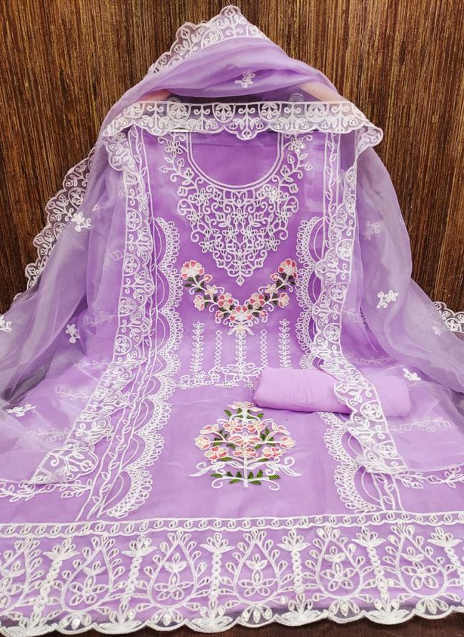purple Organza Silk Party Wear Embroidery Work Dress Material