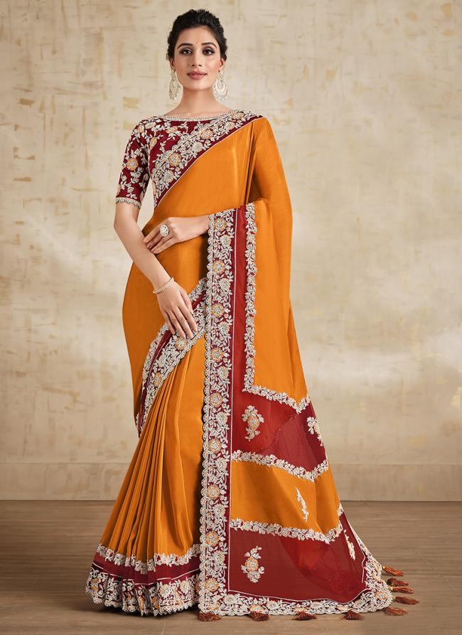 Orange Silk Georgette Party Wear Embroidery Work Saree