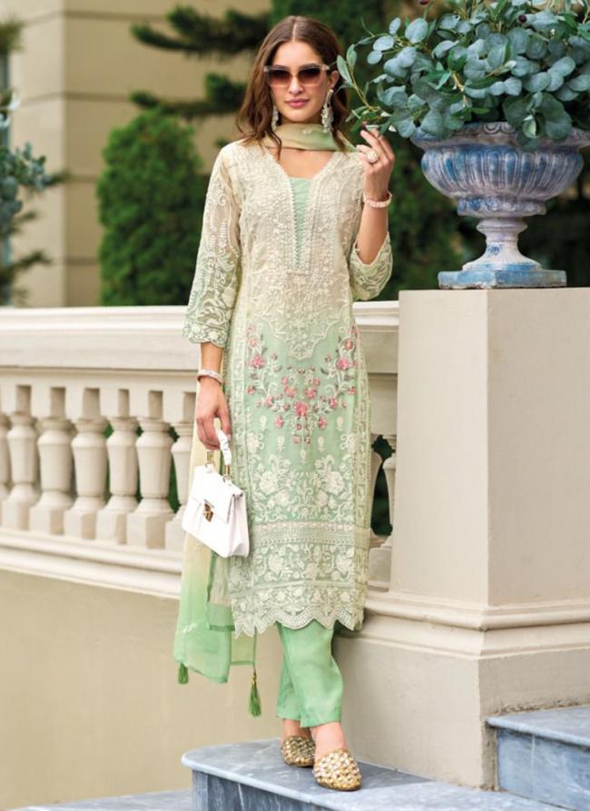 Green Soft Organza Party Wear Embroidery Work Readymade Kurti With Pant And Dupatta