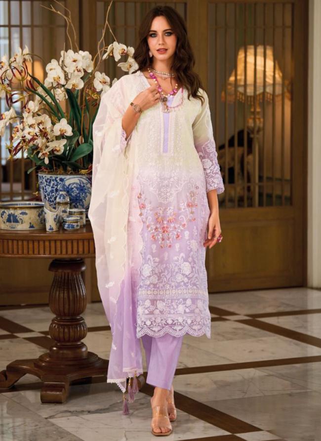 Purple Soft Organza Party Wear Embroidery Work Readymade Kurti With Pant And Dupatta