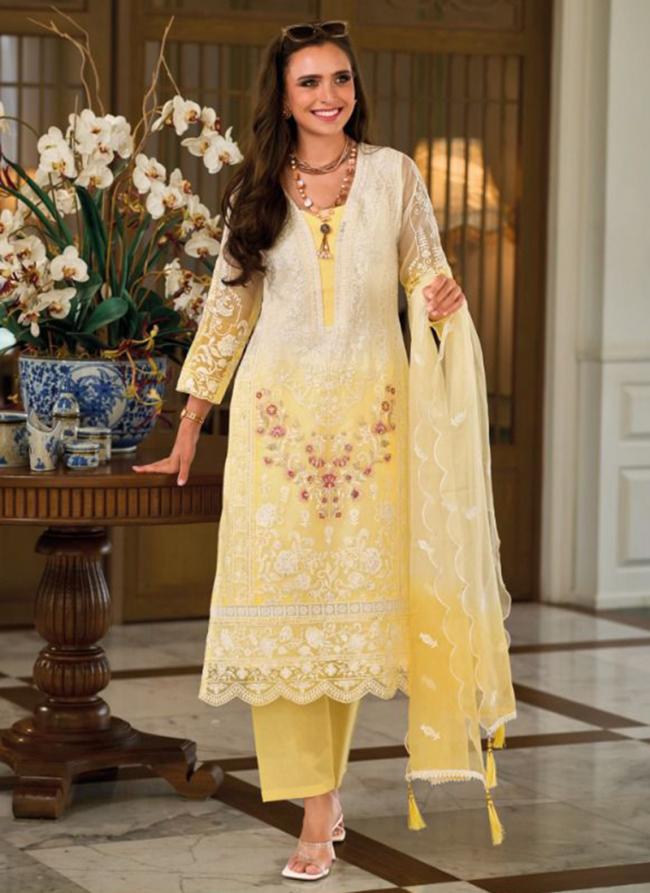 Yellow Soft Organza Party Wear Embroidery Work Readymade Kurti With Pant And Dupatta