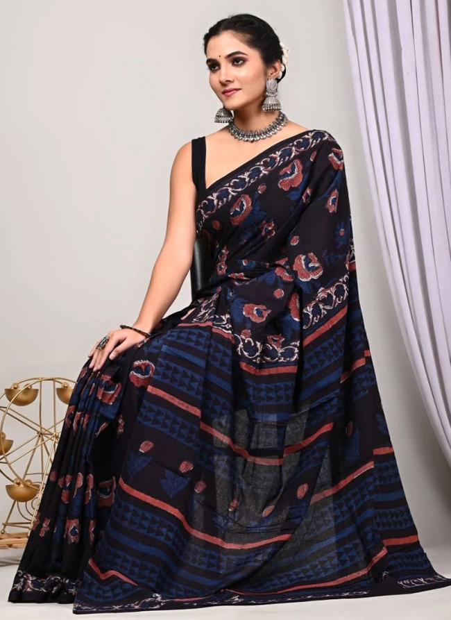 Blue Mono Cotton Party Wear Digital Printed Saree