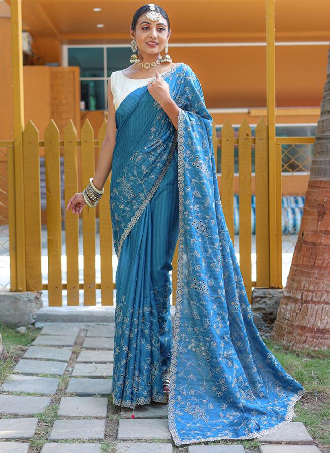 Blue Pure Soft Silk Party Wear Hand Work Saree