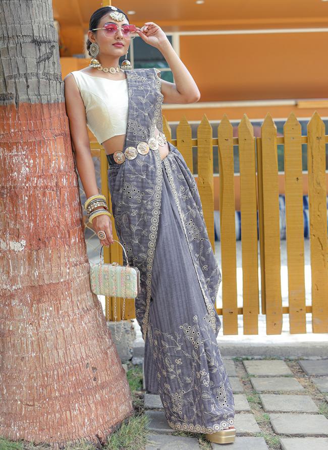 Grey Pure Soft Silk Party Wear Hand Work Saree