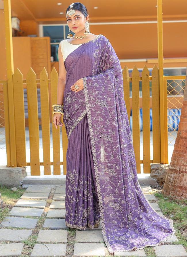 Light Purple Pure Soft Silk Party Wear Hand Work Saree