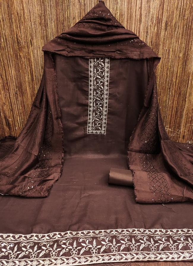 Brown Cotton Traditional Wear Sequence Work Dress Material