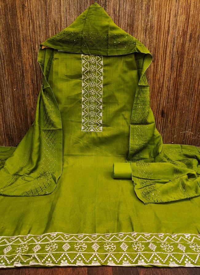 Green Cotton Traditional Wear Sequence Work Dress Material