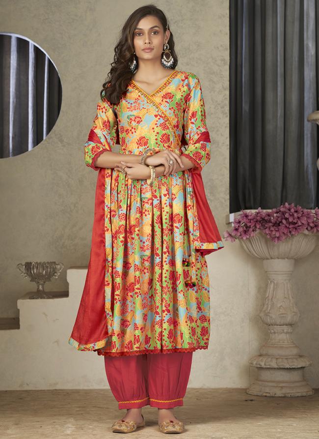Multi Color Maslin Party Wear Embroidery Work Readymade Kurti With Pan And Dupatta