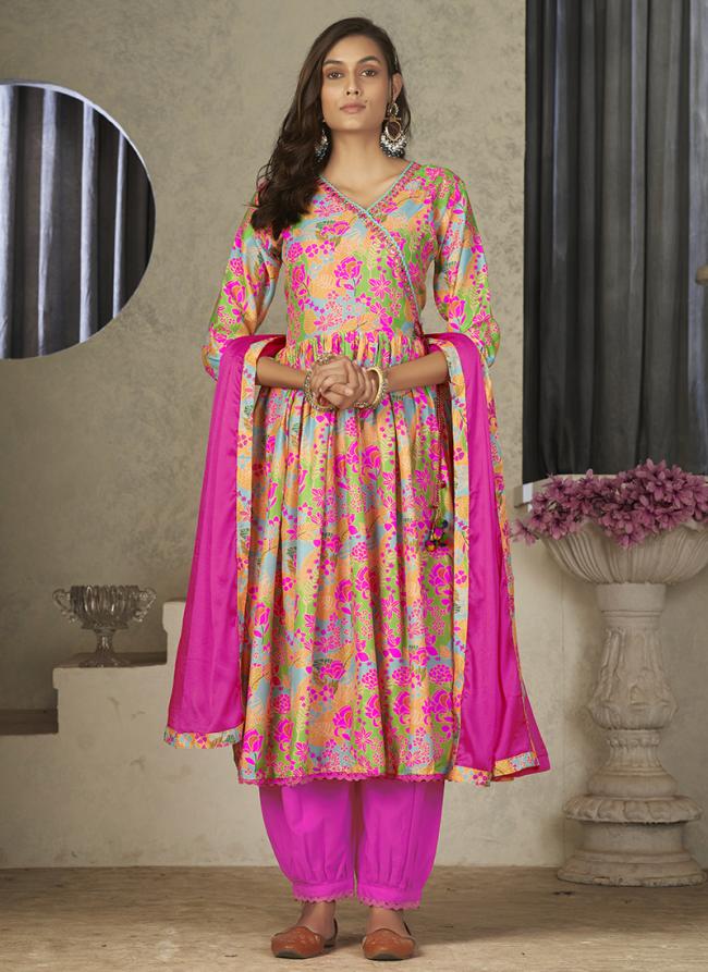 Pink Maslin Party Wear Embroidery Work Readymade Kurti With Pan And Dupatta