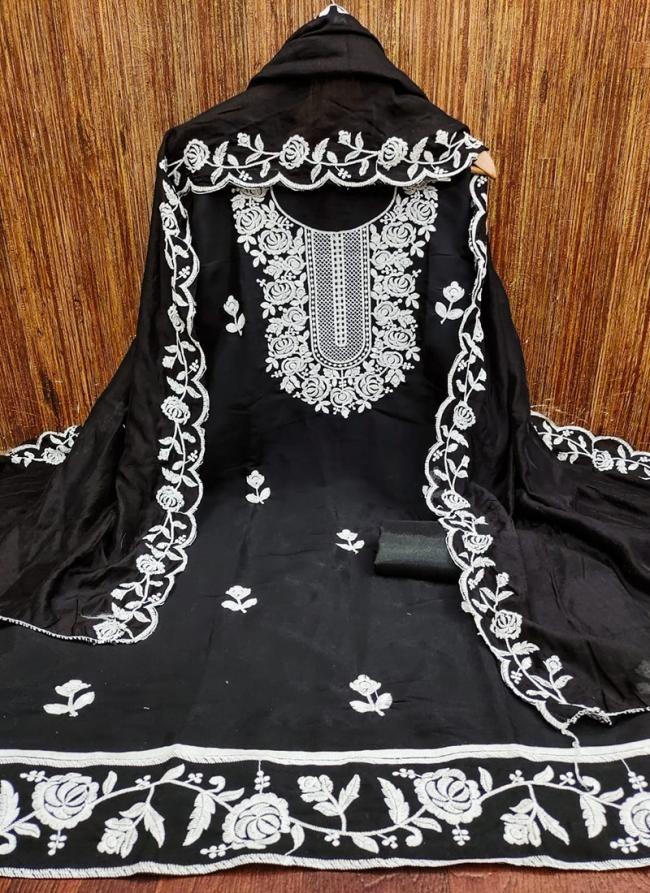Black Chanderi Cotton Festival Wear Embroidery Work Dress Material