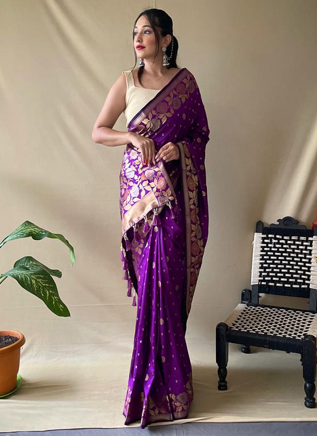 Purple Pure Soft Silk Party Wear Zari Work Saree