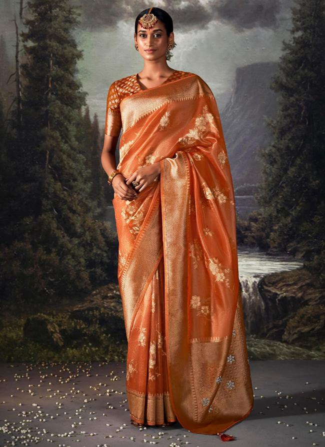 Orange Banarasi Party Wear Zari Work saree