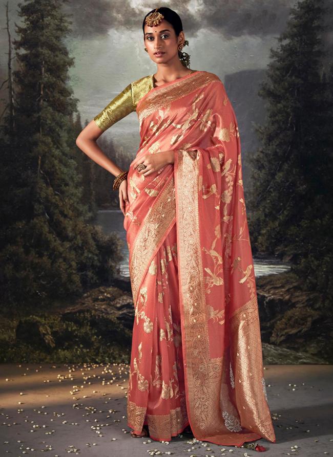 Peach Pink Banarasi Party Wear Zari Work saree