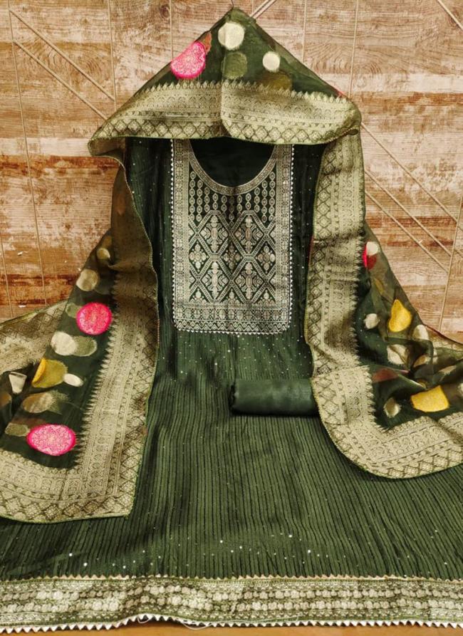 Green Chanderi Festival Wear Embroidery Work Dress Material