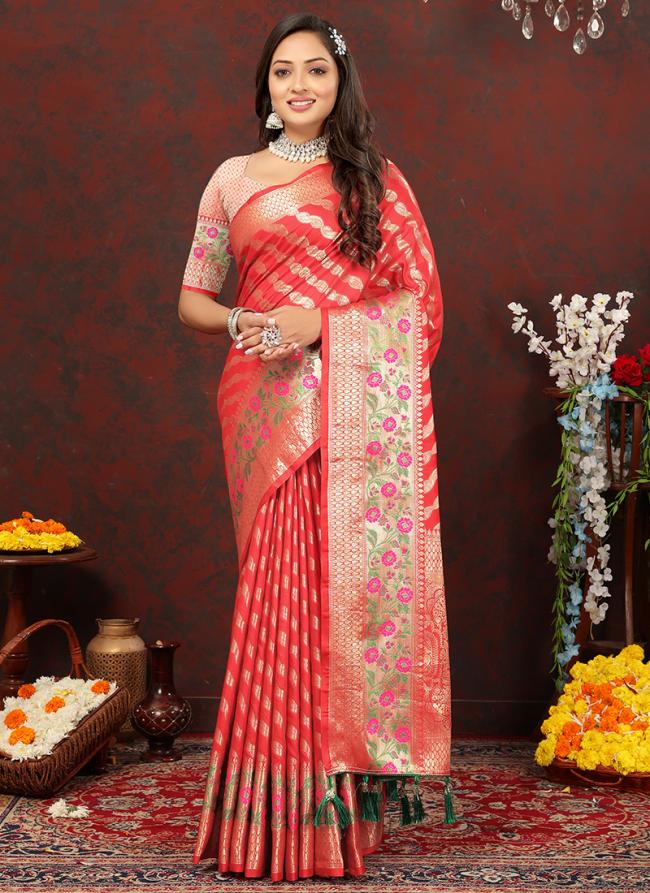 Peach Pink Soft Silk Party Wear Weaving Saree