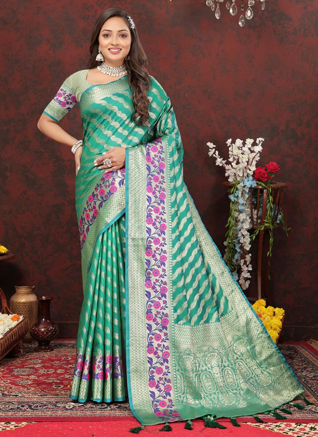 Teal Green Soft Silk Party Wear Weaving Saree