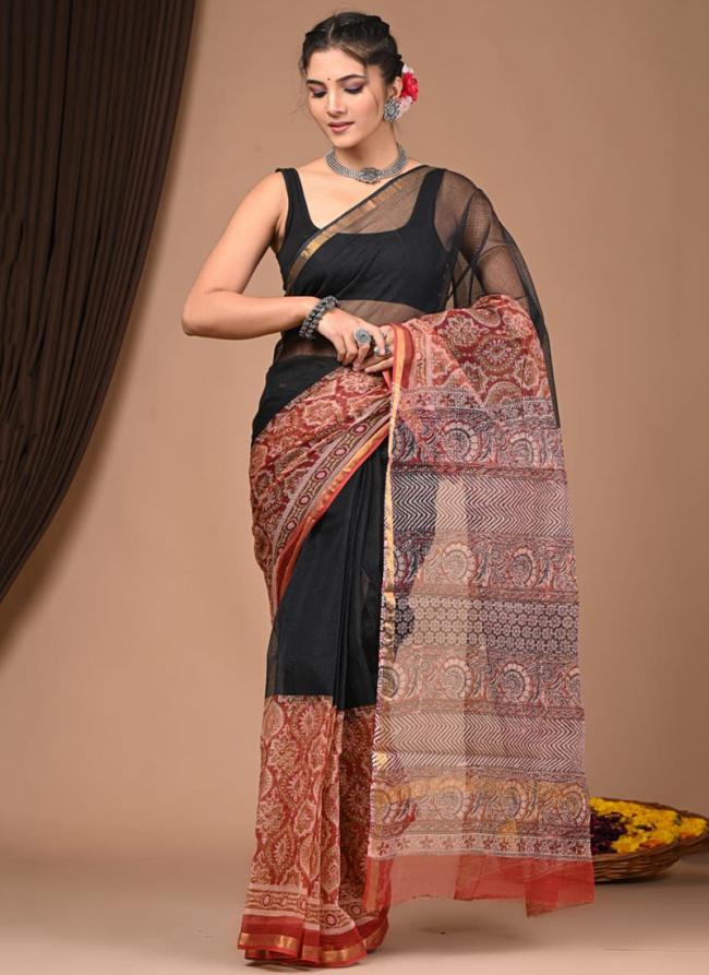 Black Cotton Festival Wear Digital Printed Saree