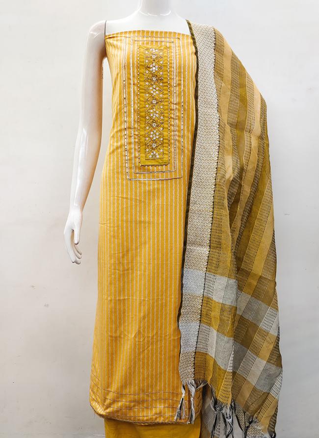 Yellow Cotton Festival Wear Hand Work Dress Material