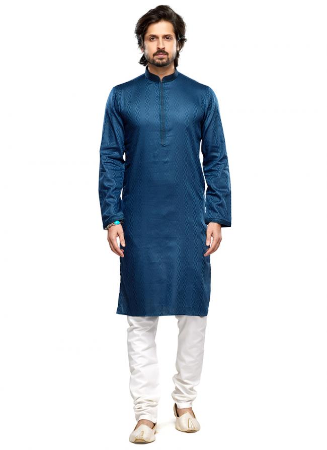 Blue Art Silk Party Wear Thread Work Readymade Mens Kurta Pajama