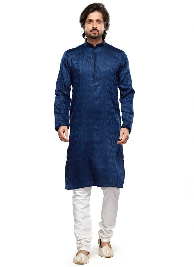 Blue Art Silk Party Wear Thread Work Readymade Mens Kurta Pajama